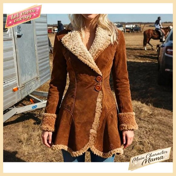 Slim-Fit Faux Leather Sherpa Lined Jacket, Waterproof Winter Coat, Button - Picture 6 of 7